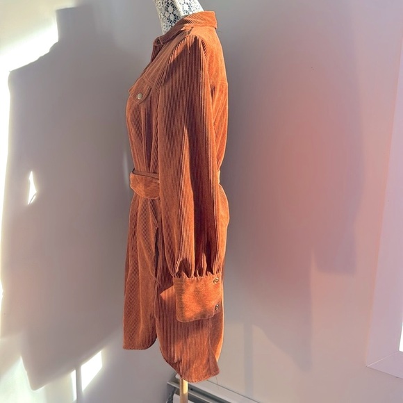 Urban Outfitters Corduroy Burnt Orange Long Sleeve Tie Dress - Picture 3 of 12